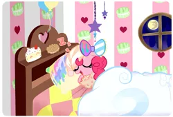 Size: 1059x720 | Tagged: dead source, safe, artist:momo, derpibooru import, pinkie pie, earth pony, pony, askharajukupinkiepie, bed, blanket, bow, clothes, cute, diapinkes, eyes closed, female, hat, mare, moon, nightcap, onomatopoeia, pajamas, sleeping, solo, sound effects, zzz