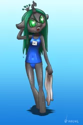 Size: 648x977 | Tagged: anthro, artist:draneas, clothes, cute, cutealis, one-piece swimsuit, queen chrysalis, safe, school swimsuit, simple background, solo, sukumizu, swimsuit, wet, wet mane