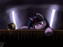 Size: 1280x960 | Tagged: safe, artist:pirill, derpibooru import, twilight sparkle, pony, 30 minute art challenge, blushing, drunk, drunk twilight, female, frown, leaning, sad, solo, tankard, wavy mouth