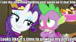 Size: 631x351 | Tagged: safe, derpibooru import, edit, edited screencap, screencap, rarity, spike, dragon, pony, unicorn, dragon quest, apron, blushing, caption, clothes, dress, female, food, hat, hub logo, image macro, male, mare, meme, naked apron, rarity's bad pickup lines, shipping, sparity, straight, text