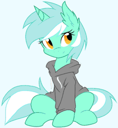 Size: 488x525 | Tagged: source needed, safe, artist:ambris, artist:doktorrf, artist:ianpo, deleted from derpibooru, derpibooru import, lyra heartstrings, pony, unicorn, fanfic:background pony, animated, blue background, blushing, breathing, clothes, cute, daaaaaaaaaaaw, dig the swell hoodie, ear fluff, female, fluffy, gif, hoodie, image, long tail, looking at you, lyrabetes, mare, simple background, sitting, smiling, solo, tail wag, weapons-grade cute