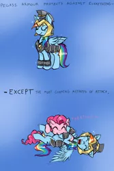 Size: 800x1200 | Tagged: dead source, safe, artist:ichibangravity, derpibooru import, commander hurricane, pinkie pie, rainbow dash, armor, female, lesbian, pinkiedash, raspberry, shipping, tickling, tummy buzz