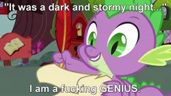 Size: 1280x720 | Tagged: blatant lies, cliche, derpibooru import, genius, grin, it was a dark and stormy night, peanuts, safe, smiling, solo, spike, text, vulgar, writing, writing 101