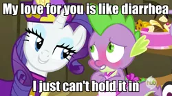 Size: 631x351 | Tagged: safe, derpibooru import, edit, edited screencap, screencap, rarity, spike, dragon, pony, unicorn, dragon quest, apron, blushing, caption, clothes, female, hub logo, image macro, implied diarrhea, male, mare, meme, naked apron, rarity's bad pickup lines, shipping, sparity, squick, straight, weird al yankovic