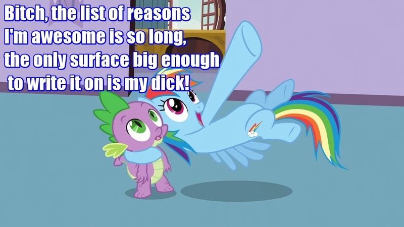 Size: 1280x720 | Tagged: suggestive, derpibooru import, edit, edited screencap, screencap, rainbow dash, dragon, pegasus, pony, benjamin sisko, caption, ds9, female, implications, male, mare, out of context, rainbow dash's motherbucking pimphoof, sfdebris, text