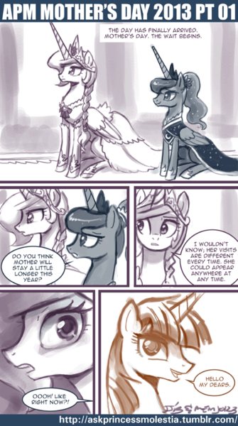 Size: 500x895 | Tagged: safe, artist:johnjoseco, derpibooru import, princess celestia, princess luna, oc, oc:fausticorn, alicorn, pony, ask princess molestia, princess molestia, ask, braid, comic, lauren faust, mother's day, ponytail