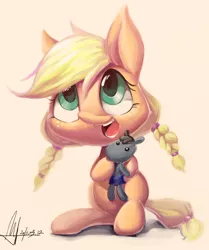 Size: 2244x2681 | Tagged: alternate hairstyle, applejack, artist:jggjqm522, cute, derpibooru import, filly, jackabetes, pigtails, safe, simple background, sitting, solo, twintails