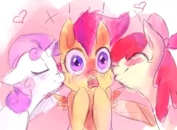 Size: 1094x805 | Tagged: apple bloom, artist:spanish-scoot, blushing, cute, cutie mark crusaders, derpibooru import, female, kissing, kiss on the cheek, kiss sandwich, lesbian, safe, scootabelle, scootabloom, scootaloo, shipping, sweetie belle