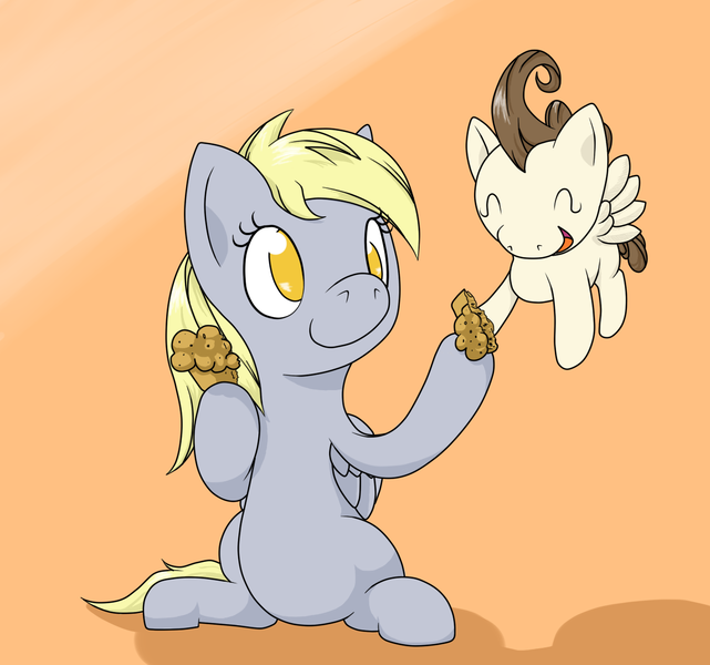 Size: 1217x1140 | Tagged: safe, artist:thepiplup, derpibooru import, derpy hooves, pound cake, pegasus, pony, female, flying, mare, muffin, sharing