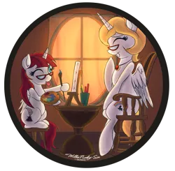 Size: 1419x1393 | Tagged: safe, artist:willisninety-six, derpibooru import, oc, oc:bonniecorn, oc:fausticorn, ponified, alicorn, pony, alicorn oc, bonnie zacherle, canvas, female, filly, glasses, horn, lauren faust, mare, paint, paintbrush, tongue out, wings