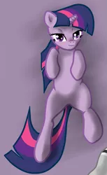 Size: 625x1024 | Tagged: artist:sharpy, bedroom eyes, derpibooru import, implied belly rubs, looking at you, on back, safe, smiling, solo, twilight sparkle