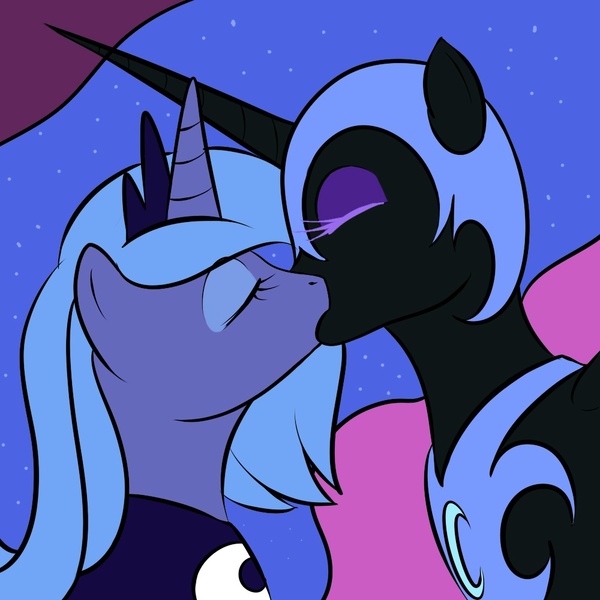 Size: 1000x1000 | Tagged: source needed, safe, artist:kloudmutt, derpibooru import, nightmare moon, princess luna, alicorn, pony, artifact, duality, eyes closed, female, kissing, lesbian, lunamoon, mare, mooncest, purple background, s1 luna, self ponidox, selfcest, shipping, simple background, square crossover