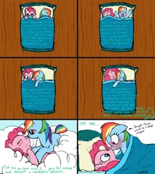 Size: 1280x1438 | Tagged: safe, artist:kristelpokemonfan, derpibooru import, pinkie pie, rainbow dash, bed, blushing, caught, comic, cuddling, cute, dream, female, hug, kissing, lesbian, pinkiedash, shipping, sleepover, smiling, snuggling, x3