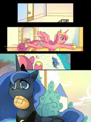 Size: 750x1000 | Tagged: artist:bakki, bread, comic, derpibooru import, disguised baby changeling, melon bread, oc, oc:mirror gleam, princess cadance, princess luna, safe