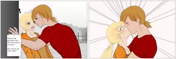 Size: 1800x607 | Tagged: 2 panel comic, applejack, applemac, artist needed, big macintosh, blushing, breasts, cleavage, comic, derpibooru import, female, humanized, incest, kabedon, kissing, male, shipping, source needed, speech bubble, straight, suggestive