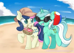 Size: 2100x1500 | Tagged: safe, artist:lustrous-dreams, derpibooru import, bon bon, lyra heartstrings, sweetie drops, earth pony, pony, unicorn, ball, basket, beach, beach ball, colored pupils, duo, hat, mouth hold, ocean, picnic basket, raised hoof, smiling, sun hat, sunglasses, walking