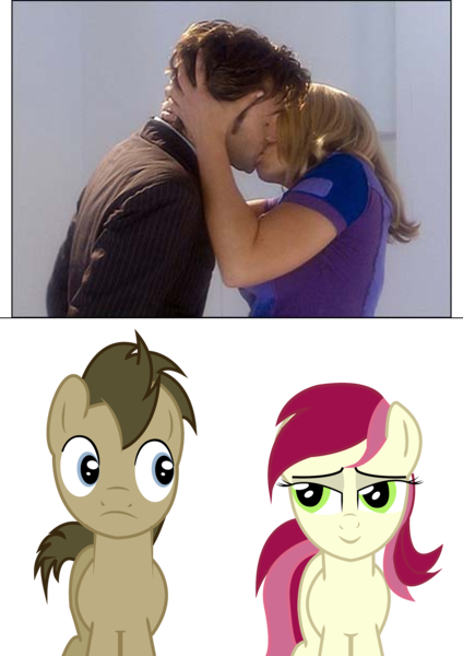 Size: 2480x3507 | Tagged: safe, artist:water-horse, derpibooru import, doctor whooves, roseluck, time turner, earth pony, pony, background pony, doctor who, doctorrose, duo, female, funny, kissing, male, mare, rose tyler, shipping, stallion, the doctor