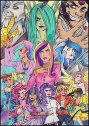 Size: 2410x3427 | Tagged: applejack, artist:killa7, derpibooru import, discord, fluttershy, humanized, king sombra, pinkie pie, princess cadance, princess celestia, princess luna, queen chrysalis, rainbow dash, rarity, safe, sword, traditional art, twilight sparkle, winged humanization