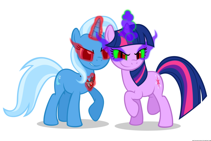 Size: 3000x2000 | Tagged: alicorn amulet, artist:navitaserussirus, corrupted, corrupted twilight sparkle, dark magic, derpibooru import, evil, glare, glowing eyes, glowing horn, grin, magic, raised hoof, raised leg, safe, simple background, smirk, sombra eyes, transparent background, trixie, twilight sparkle, tyrant sparkle, vector