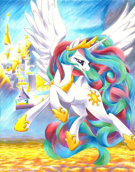 Size: 900x1144 | Tagged: safe, artist:muffyn-man, derpibooru import, princess celestia, alicorn, pony, canterlot castle, female, flying, mare, solo