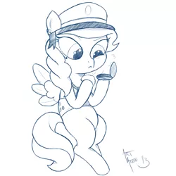 Size: 800x800 | Tagged: safe, artist:aa, derpibooru import, oc, oc:savannah smile, unofficial characters only, pegasus, pony, ask a filly scout, askafillyscout, blank flank, compact mirror, earring, filly, filly guides, filly scouts, monochrome, sketch, solo