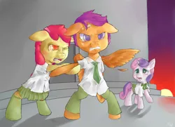 Size: 5400x3900 | Tagged: apple bloom, artist:wanderereclipse, bandage, clothes, cutie mark crusaders, fight, necktie, safe, school, schoolgirl, school uniform, scootaloo, sweetie belle