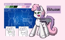 Size: 1280x800 | Tagged: safe, artist:scramjet747, derpibooru import, sweetie belle, pony, robot, robot pony, unicorn, concept art, eyes closed, female, filly, foal, gun, hooves, horn, open mouth, smiling, solo, sweetie bot, teeth, text, weapon