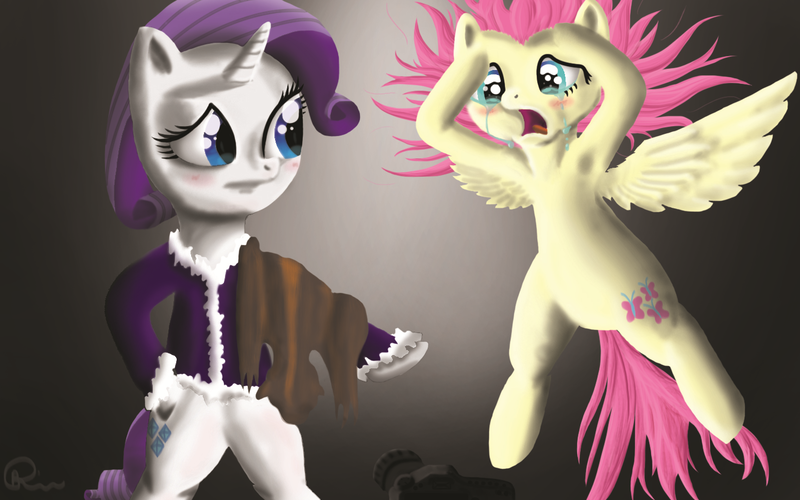 Size: 1440x900 | Tagged: safe, artist:blakstorm78, derpibooru import, fluttershy, rarity, pony, bipedal, crying, fur