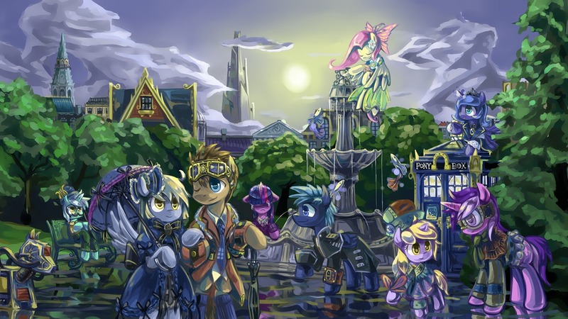 Size: 1280x720 | Tagged: safe, artist:saturnspace, derpibooru import, amethyst star, derpy hooves, dinky hooves, doctor whooves, fluttershy, lyra heartstrings, princess luna, star hunter, time turner, twilight sparkle, pony, clockwise whooves, bipedal, clothes, cute, doctor who, fountain, jack harkness, k-9, monocle, moustache, steampunk, tardis, umbrella, woona