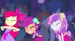 Size: 589x328 | Tagged: safe, derpibooru import, screencap, apple bloom, mystery mint, scootaloo, scott green, sweet leaf, sweetie belle, equestria girls, equestria girls (movie), accessory, background human, clothes, cutie mark crusaders, dress, fall formal outfits, hair accessory, hat, suit, tuxedo