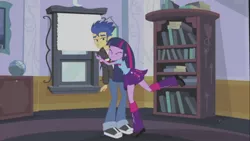 Size: 1366x768 | Tagged: safe, derpibooru import, screencap, flash sentry, twilight sparkle, equestria girls, equestria girls (movie), brad, female, flashlight, hug, luna's office, male, shipping fuel, straight