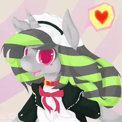 Size: 1000x1000 | Tagged: dead source, safe, artist:daqulith, derpibooru import, oc, unofficial characters only, pony, unicorn, bipedal, bow, clothes, collar, heart, looking at you, maid, open mouth, pega, pictogram, smiling, solo