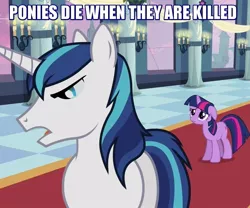 Size: 867x720 | Tagged: safe, derpibooru import, edit, edited screencap, screencap, shining armor, twilight sparkle, pony, unicorn, a canterlot wedding, bags under eyes, candle, captain obvious, caption, fate/stay night, female, floppy ears, frown, glare, image macro, impact font, lidded eyes, looking down, male, mare, meme, open mouth, people die when they are killed, quote, sad, shaped like itself, stallion, unicorn twilight, you don't say