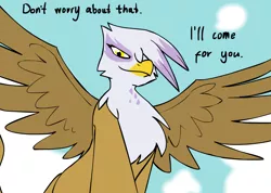 Size: 1276x910 | Tagged: suggestive, derpibooru import, gilda, gryphon, cloud, image, looking at you, png, pov, reassurance, sky, solo, spread wings, standing, standing on you, talking to viewer