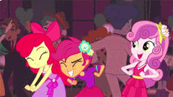 Size: 640x360 | Tagged: safe, derpibooru import, screencap, apple bloom, curly winds, mystery mint, rose heart, scootaloo, scott green, scribble dee, sweet leaf, sweetie belle, teddy t. touchdown, equestria girls, equestria girls (movie), accessory, adorabloom, animated, apple bloom's bow, background human, bow, chicken dance, clothes, cute, cutealoo, cutie mark crusaders, dancing, diasweetes, dress, eyes closed, fall formal, fall formal outfits, female, flower, flower in hair, gif, grin, hair accessory, hair bow, offscreen character, open mouth, scootachicken, silly, smiling, suit, this is our big night, tuxedo