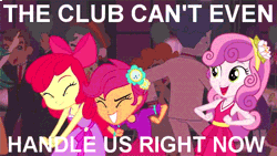 Size: 640x360 | Tagged: safe, derpibooru import, edit, edited screencap, screencap, apple bloom, curly winds, mystery mint, scootaloo, scott green, some blue guy, sweet leaf, sweetie belle, teddy t. touchdown, equestria girls, equestria girls (movie), animated, background human, chicken dance, clothes, cutie mark crusaders, dress, fall formal, fall formal outfits, funky chicken, suit, text, tuxedo