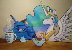 Size: 797x555 | Tagged: safe, artist:graffegruam, derpibooru import, derpy hooves, princess celestia, princess luna, pegasus, pony, acrylic painting, bowl, breakfast, cereal, coffee, cup, female, food, magic, mare, morning ponies, mug, spoon, spread wings, table, telekinesis, tired, traditional art, wings