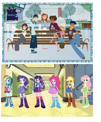 Size: 538x646 | Tagged: safe, derpibooru import, applejack, fluttershy, pinkie pie, rainbow dash, rarity, twilight sparkle, human, equestria girls, 6teen, comparison, eqg promo pose set, mane six