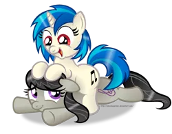 Size: 1024x803 | Tagged: safe, artist:aleximusprime, derpibooru import, octavia melody, vinyl scratch, earth pony, pony, unicorn, cute, cutie mark, female, floppy ears, hooves, horn, lying down, mare, on top, open mouth, prone, puppy ponies, simple background, sitting, smiling, transparent background, vector, wrong eye color