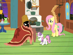 Size: 640x480 | Tagged: safe, derpibooru import, screencap, apple bloom, fluttershy, scootaloo, sweetie belle, pegasus, pony, unicorn, stare master, animated, basket, confused, cutie mark crusaders, female, filly, frown, glare, mare, monster, open mouth, raised eyebrow, raised hoof, rug, smiling, smirk