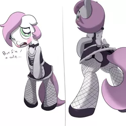 Size: 2880x2880 | Tagged: suggestive, artist:full stop, derpibooru import, oc, oc:candy prancer, unofficial characters only, pony, bipedal, clothes, crossdressing, dialogue, dressup, fishnets, maid, male, panties, plot, simple background, skirt, solo, solo male, trap, underwear, upskirt