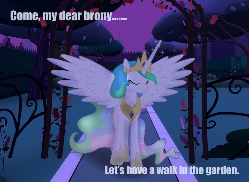 Size: 1200x878 | Tagged: safe, derpibooru import, princess celestia, alicorn, pony, bronybait, canterlot gardens, eyes closed, female, flower, frown, garden, image macro, jewelry, mare, meme, night, outdoors, regalia, solo, spread wings, standing, tree, walking, wings