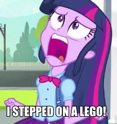 Size: 716x758 | Tagged: safe, derpibooru import, edit, edited screencap, screencap, twilight sparkle, equestria girls, equestria girls (movie), caption, cropped, exploitable meme, lego, ouch, solo, stepping on a lego, twiscream