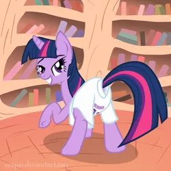Size: 1080x1080 | Tagged: artist:snapai, clothes, derpibooru import, funny, golden oaks library, library, safe, t-shirt, twilightlicious, twilight sparkle, wardrobe misuse