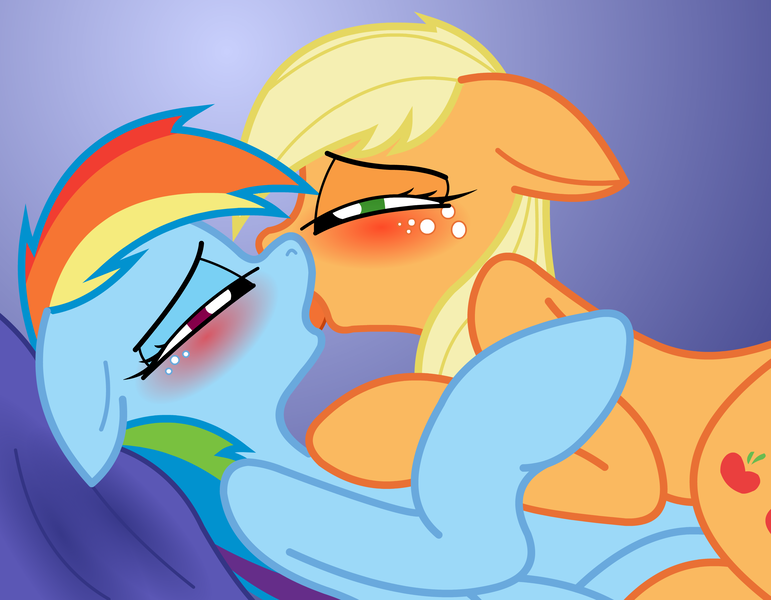 Size: 2880x2240 | Tagged: suggestive, artist:electronvolt, derpibooru import, applejack, rainbow dash, appledash, blushing, female, french kiss, kissing, lesbian, on back, shipping, sloppy kissing, tongue out