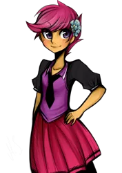 Size: 752x1063 | Tagged: safe, artist:mscootaloo, derpibooru import, scootaloo, equestria girls, clothes, cute, cutealoo, eye clipping through hair, eyebrows visible through hair, hand on hip, necktie, simple background, skirt, skirtaloo, solo, transparent background