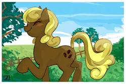 Size: 843x562 | Tagged: safe, artist:vita-ex-machina, derpibooru import, oc, unofficial characters only, earth pony, pony, cloud, eyes closed, female, fence, grass, mare, profile, raised hoof, scenery, signature, sky, solo, tree