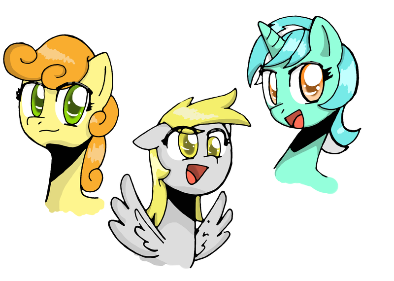 Size: 3000x2137 | Tagged: safe, artist:pencil-snap, derpibooru import, carrot top, derpy hooves, golden harvest, lyra heartstrings, pegasus, pony, cute, female, mare, smiling