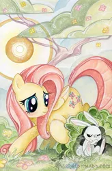 Size: 400x611 | Tagged: angel bunny, artist:sararichard, comic cover, cover, derpibooru import, fluttershy, idw, pouting, safe, sun, tree