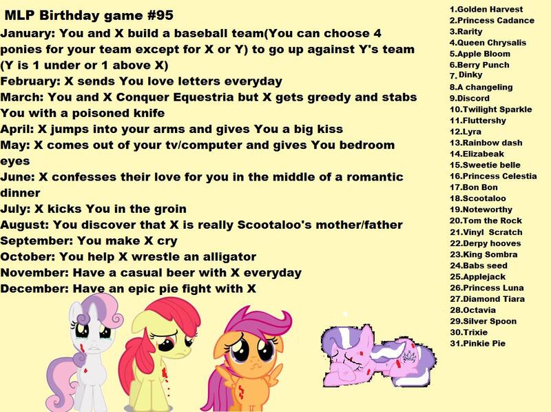 Size: 1140x852 | Tagged: apple bloom, applejack, babs seed, berry punch, berryshine, birthday game, blues, bon bon, carrot top, changeling, cutie mark crusaders, derpibooru import, derpy hooves, diamond tiara, dinky hooves, discord, elizabeak, exploitable meme, fluttershy, golden harvest, king sombra, lyra heartstrings, mane six, meme, noteworthy, octavia melody, pinkie pie, princess cadance, princess celestia, princess luna, queen chrysalis, rainbow dash, rarity, safe, scootaloo, silver spoon, sweetie belle, sweetie drops, text, tom, trixie, twilight sparkle, vinyl scratch